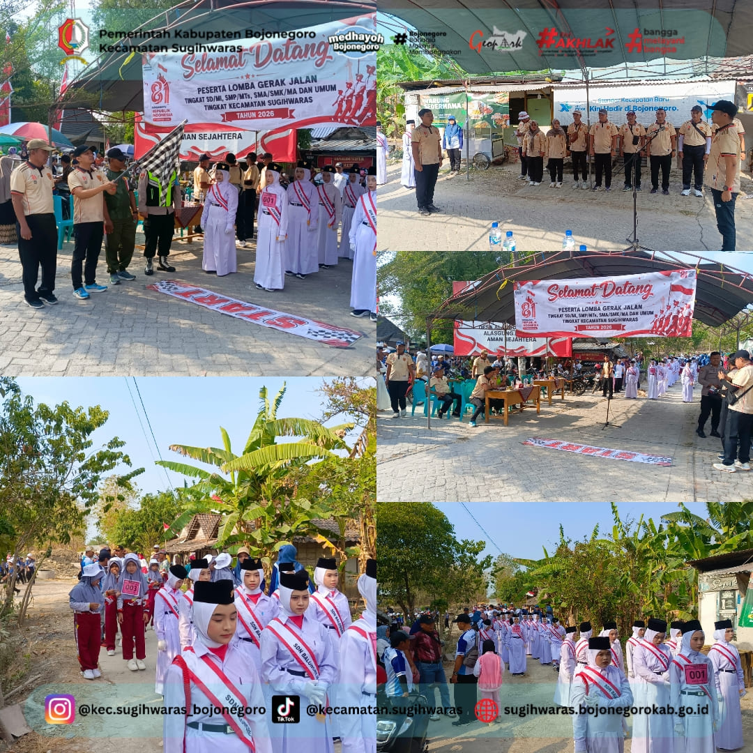 Penuh Antusias, Siswa SD/MI se-Sugihwaras Ikuti Lomba Gerak Jalan HUT ke-81 RI